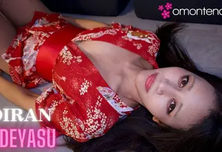 An oiran woman provides intimate service to her black partner in this historical-inspired scenario. The petite performer engages in various acts leading to a creampie finish.