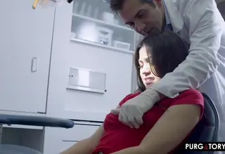 This unusual dental visit concludes with an unexpected swallow. The professional setting contrasts with the intimate conclusion.